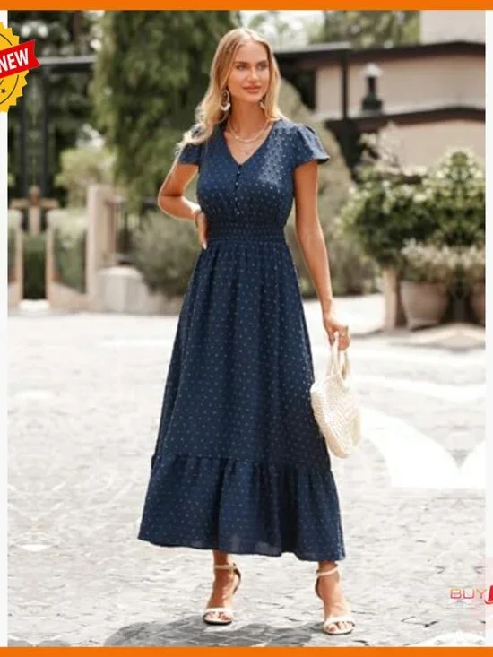 Summer Maxi Dress Boho Swiss Dot Smocked Waist V Neck Flowy Long - Picture 6 of 7